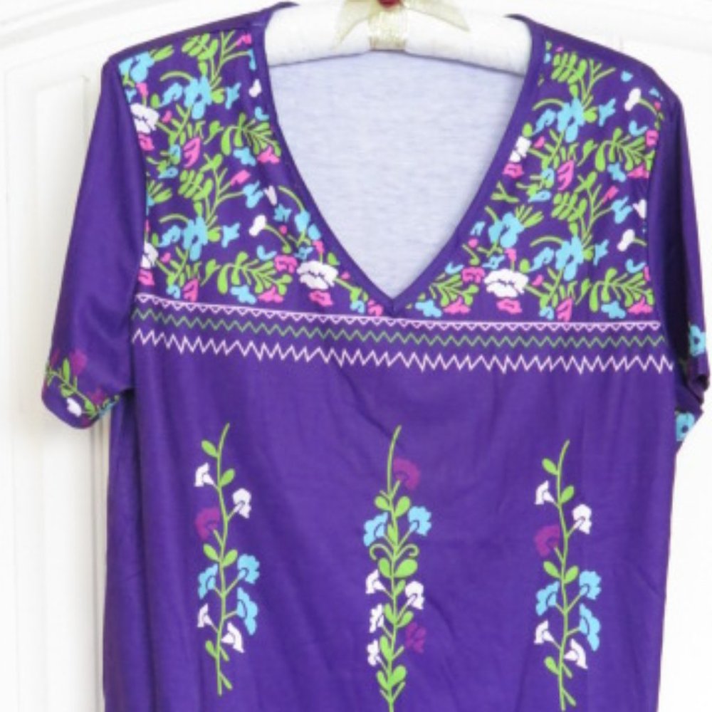 Floral Print PURPLE V-Neck Top XL (12) (K227)